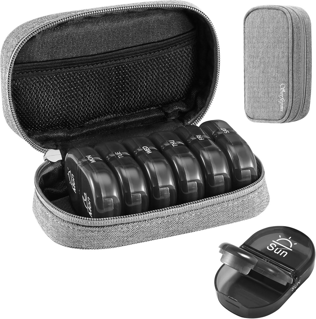 Serfeymi® Travel Pill Productionser 2 Times A Day AM PM שדרג את Black Pill Box 7 Day עם Portable Zipper Canvas Pill Case, מארגנת תרופות עבור גלולות, ויטמינים, תוספים, שמן דגים - אפור 01