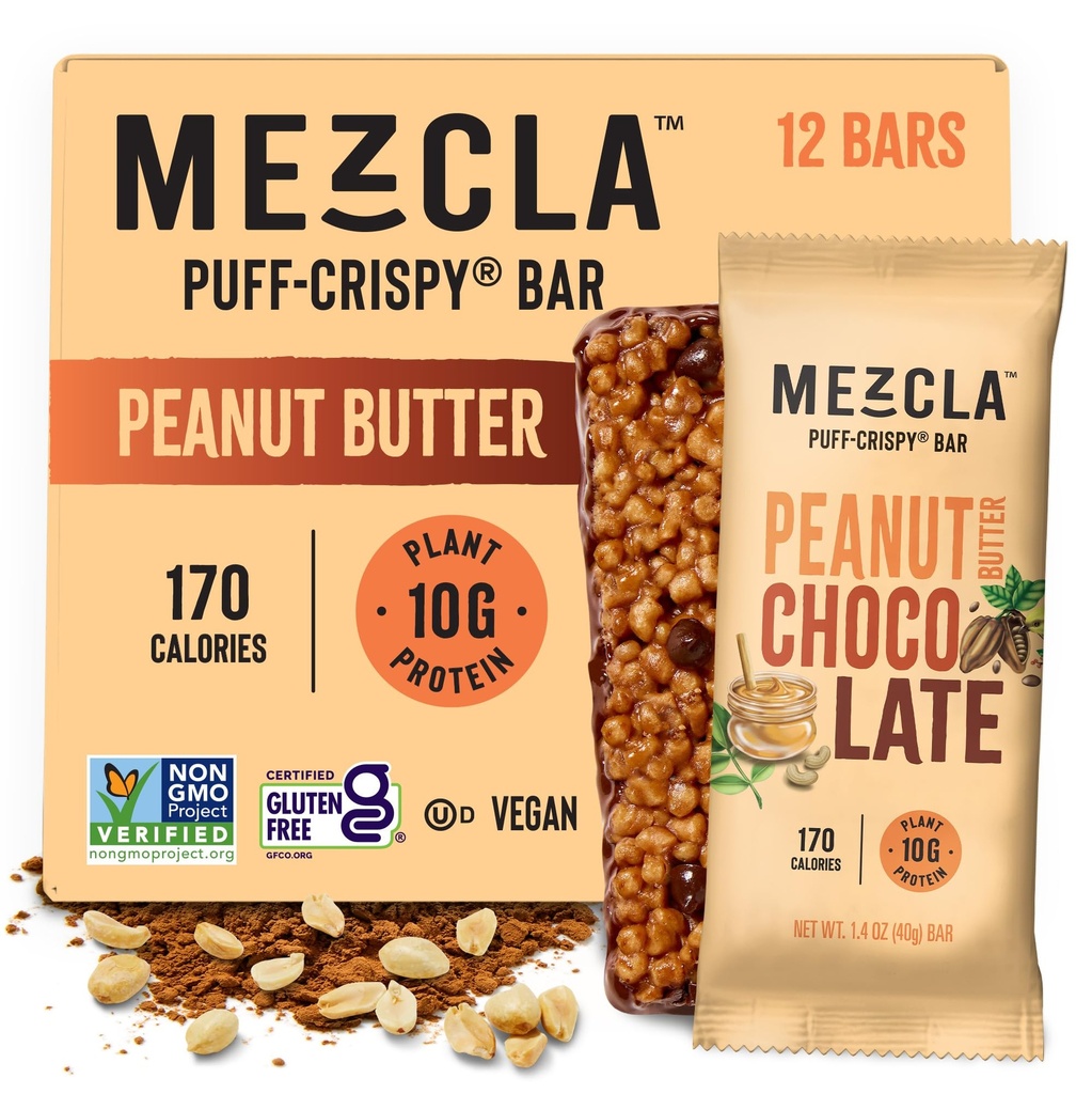 Mezcla Puff Crispy חלבונים Bars, Gluten חינם & טבעוני חלבונים Bars, 10g חלבון, אלט עבור קריספי רייס טיפול, גרנולה Bars & Breakfast Bars, חטיפים בריאים למבוגרים, בוטנים בוטנים, 12 Pack