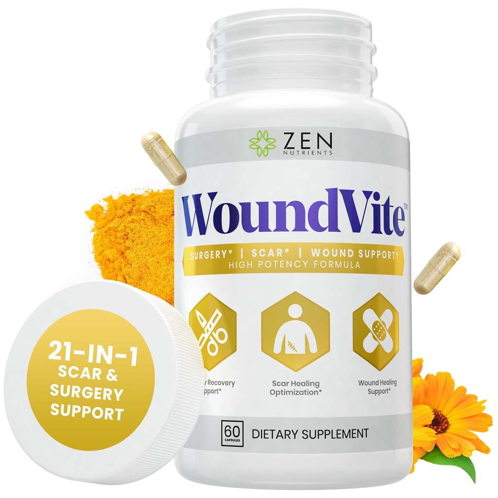 Zen Materialsents WoundVite Pre & Post Surgery Support, Scar & Wound Care, Scar Treatment, פלסטיק ו- General Surgery, Heal Faster & Aids in Recovery Time w/Bromelain, Turmeric & Arnica - 60 טבעוני Caps