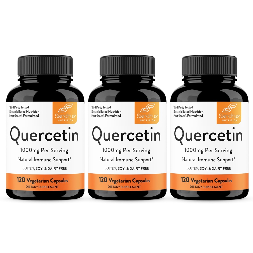 Sandhu's Quercetin Vegetarian Capsules Supplements 120 Count (Pack of 3) | 500mg per Capsule Bioflavonoids for Immune Support & Respiratory Health Seasonal Allergy Support | Quercitin for Men & Women