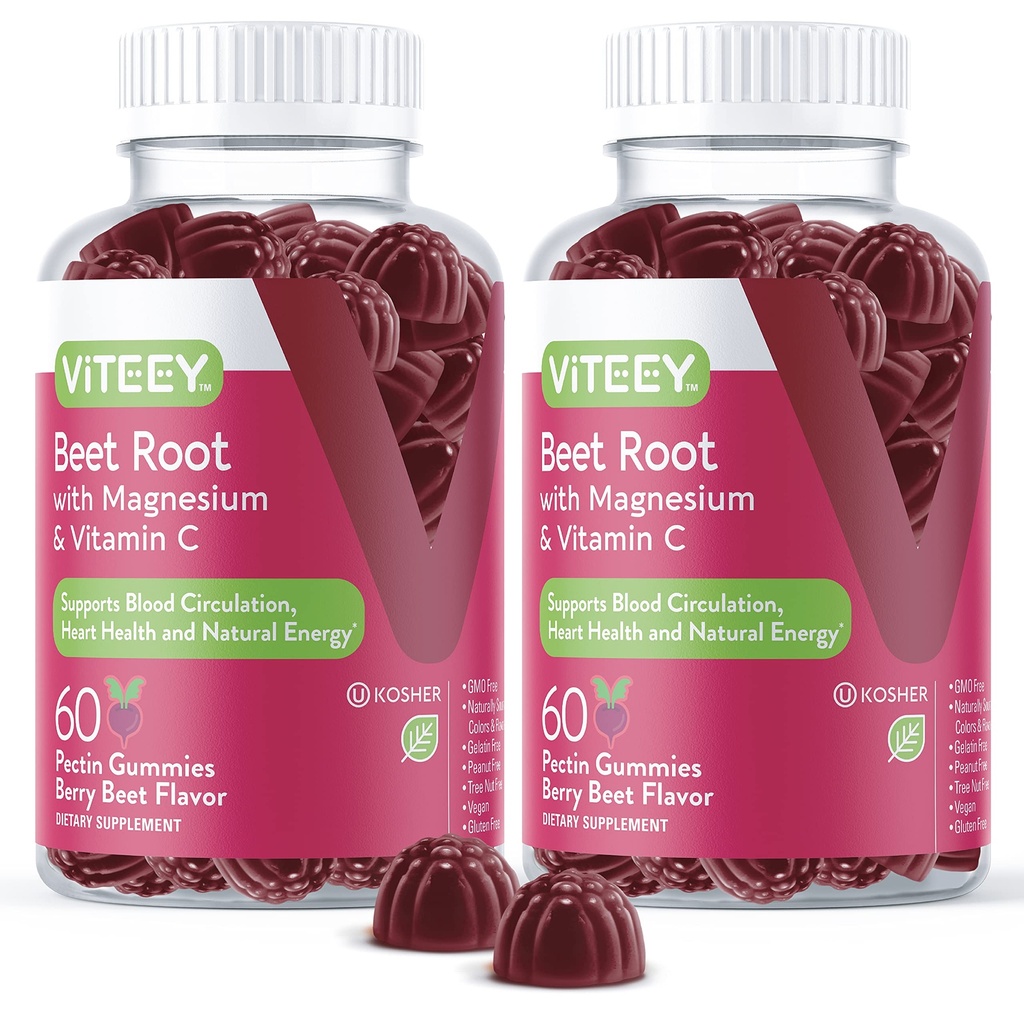 Viteey Beet Root Gummies with Magnesium & Vitamin C - Beetroot Supplement for Heart Health, Blood Pressure Support - Vegan, Gluten-Free - 120 Count