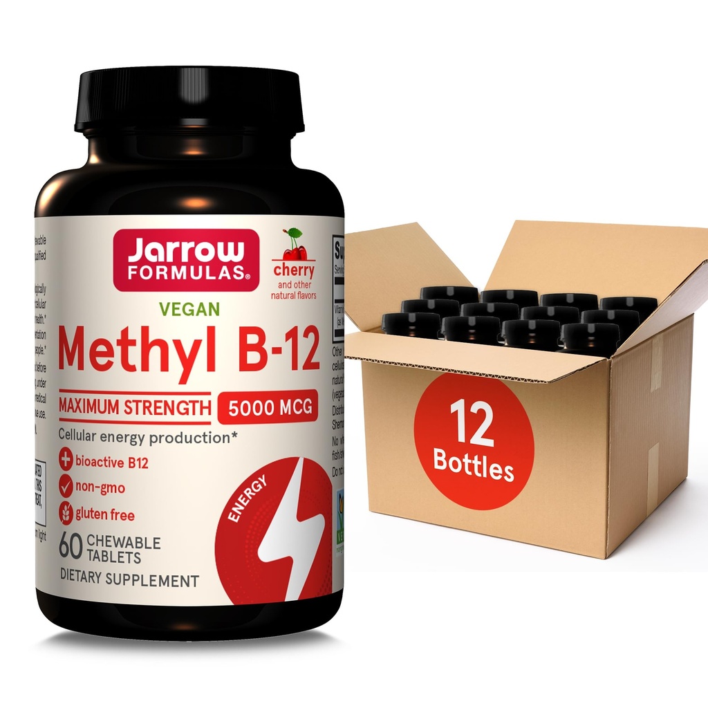 Jarrow Formulas כוח מקסימלי Methyl B-12 5000 mcg, תוספת תזונתית לייצור חשמל סלולרי ותמיכה לבריאות המוח, 60 צ'ילי צ'רוב-Flavored Chewable Tablet, 60 יום אספקה, Pack של 12 ימים