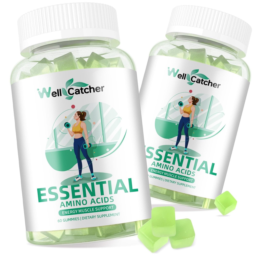 EAA Gummies Essential Amino Acids - 60 ימים לספק את כל 9 Aminos חיוני ואת כל צ'סטין Aminos (BCAAs) סוכר חינם עם תמיכה שריר התאוששות אנרגיה לא GMO ירוק אפל פלאמור