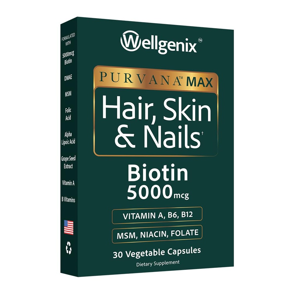 Wellgenix Purvana Max שיער, עור, וציפורים ויטמין - כוח כפול ביוטין 5000 MCG, VIT A & B, Folic Acid, Grape Seed Extractd - תוספת תמיכה לשיער -30 קפסולות (Pack של 1)
