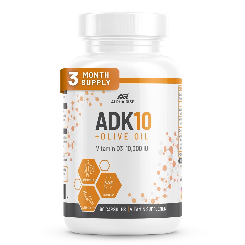 ADK 10 ויטמין תוסף + שמן זית עבור יותר Absorption - עם ויטמינים A + D3 (10,000 iu) + K2 (MK7+MK4) - 90 קפסולות - צמחוני - non-GMO