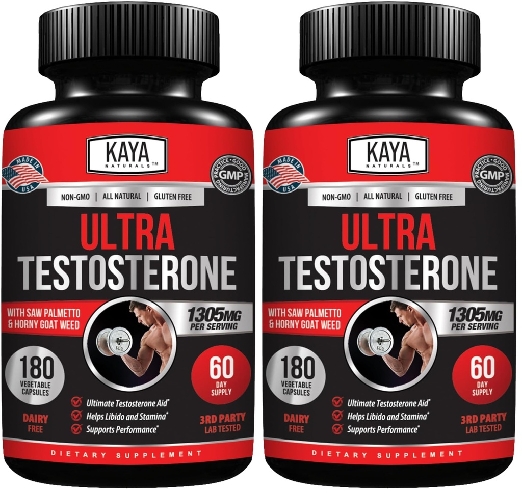 Kaya Naturals UltraTest- Men's T Booster with Tongkat Ali, Horny Goat Weed, Tribulus - Natural Workout Supplement for Energy, Stamina, and Strength Booster - 180 Count (Pack of 2)