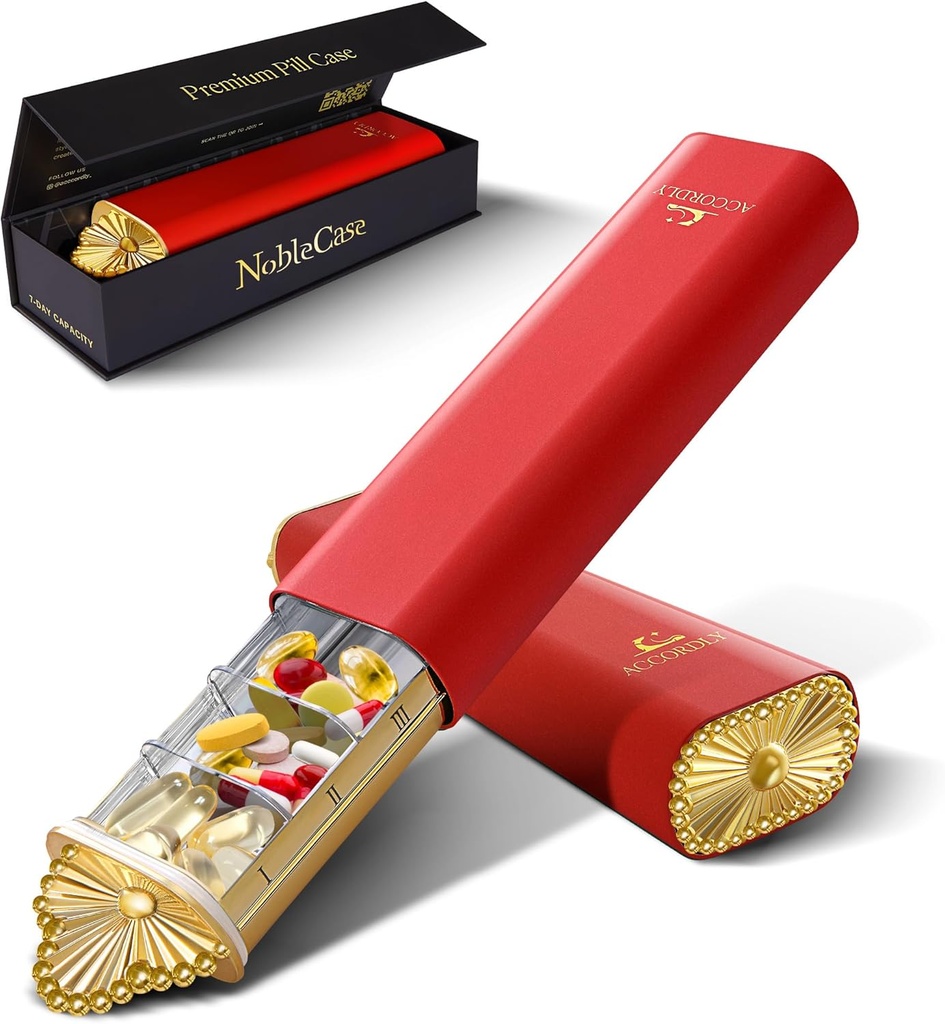 Premium Weekly Pill מארגנת, 7 ימים קומפקטית גלולה מקרה עבור Purse, Light Weight Gold אלומיניום Box עבור ויטמינים, תרופות, תוספי מזון, תוספי מזון יוקרה