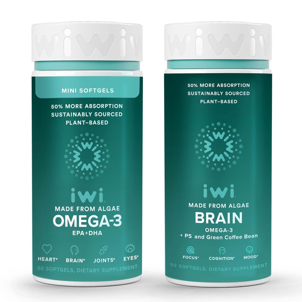 Iwi אומגה 3 Minis & Brain אומגה 3 Bundle, 30 משרתות, Algae אומגה 3 עם EPA + DHA, קריל & Fish שמן אלטרנטיבי, No Fishy Aftertaste