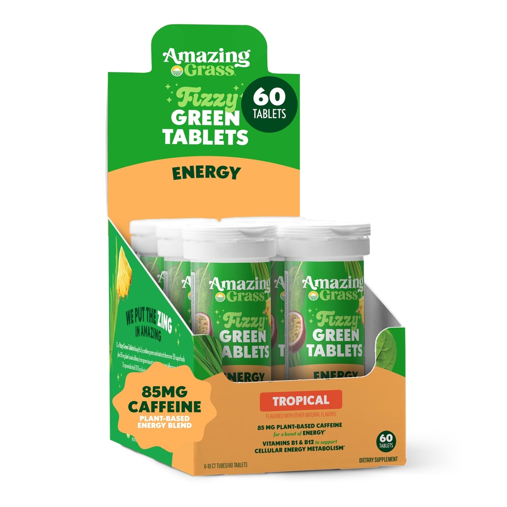 Grass Fizzy Green Tablets Energy Tropical: Greens + Green Tea Caffeine, כדור פורח במים עם Antioxidants, 60 הרוזן