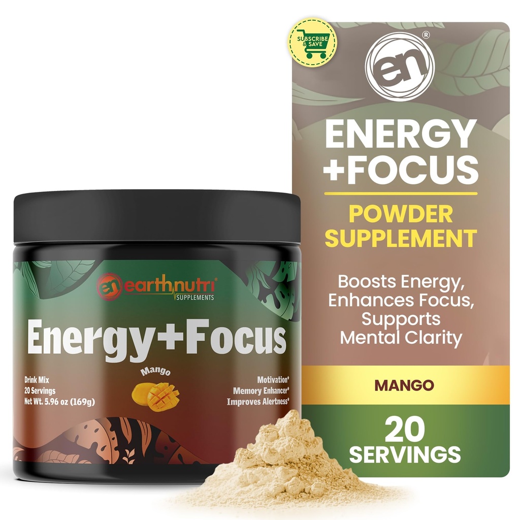 EarthNutri Energy + Focus אבקת תוסף - אנרגיה Boost & Helps ריכוז עם PeakO2, AlphaSize, Cognizin, PurCaf, Theacrine, Acetyl L-Carnitine L-Tyrosine - מנגו פלפור - 20 משרתות (171g)