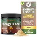 EarthNutri Energy + Focus אבקת תוסף - אנרגיה Boost & Helps ריכוז עם PeakO2, AlphaSize, Cognizin, PurCaf, Theacrine, Acetyl L-Carnitine L-Tyrosine - מנגו פלפור - 20 משרתות (171g)