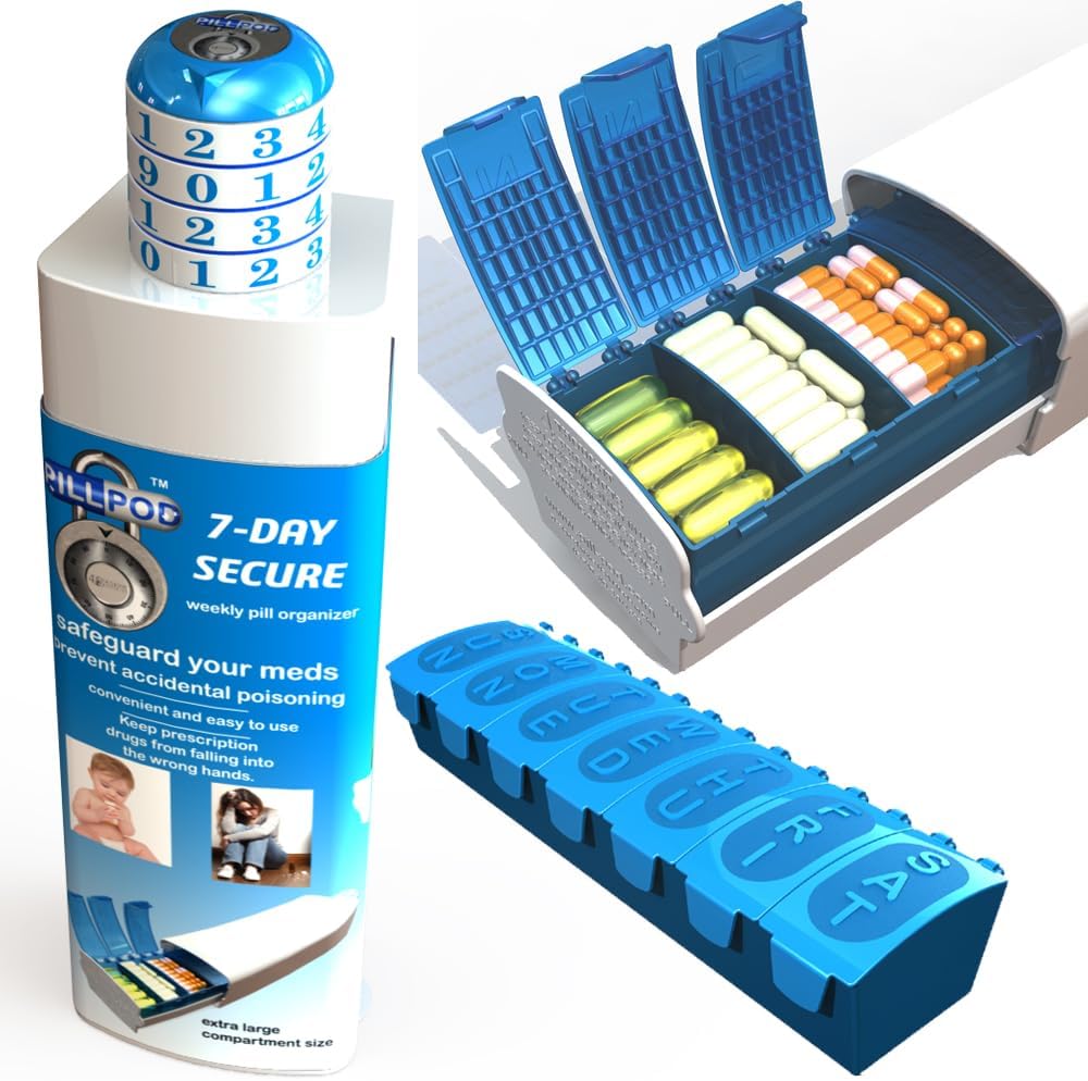 Pill Pod 7 Day Secure, Locking Pill Organer, Baby-Resistant Drug Lock Box, אקסטרה Large Weekly Planner, חברותית בכירה