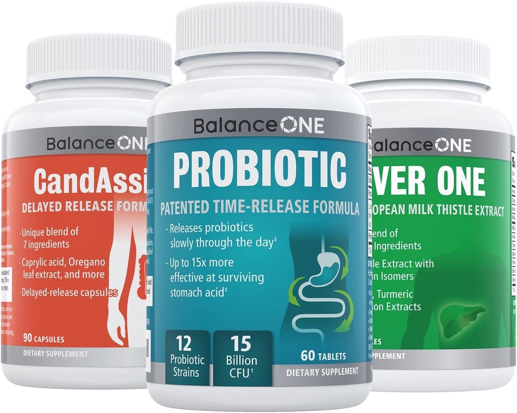 איזון 1 3 חודשים Kit | Probiotic, CandAssist, Liver One | 15 מיליארד CFU Probiotic | ניקוי טבעי עם Caprylic Acid