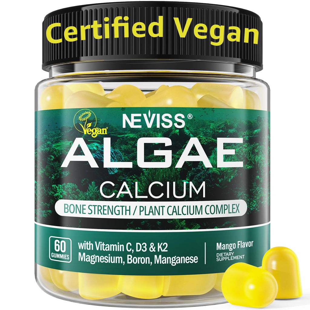Calcium חניכיים לנשים + Magneisum ויטמין D3 K2, C, Zinc, Boron, Sustainable Algae (3rd Party Tested) עבור כוח העצם, Nerve, Calcium Absoption, סוכר חינם Calcium, טבעוני, 60 ספירות