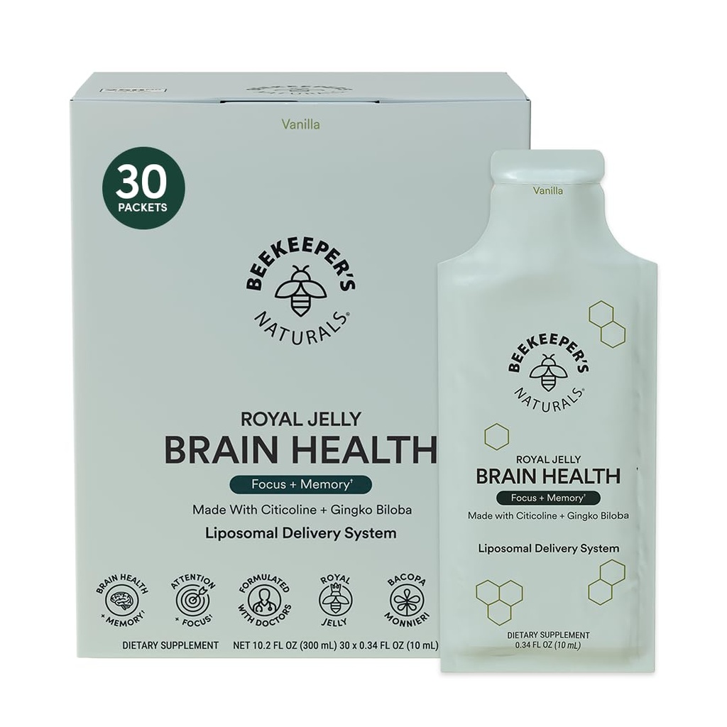 Nootropic Brain Supplement by Beekeeper's Naturals, 500 מ"ג Citocoline, גינקו בילובה, Bacopa Monnieri & רויאל ג'לי, תמיכה פוקוס וזיכרון, Easier Absorption, בנוסף Tasty Vanilla Flavor, 30ct.