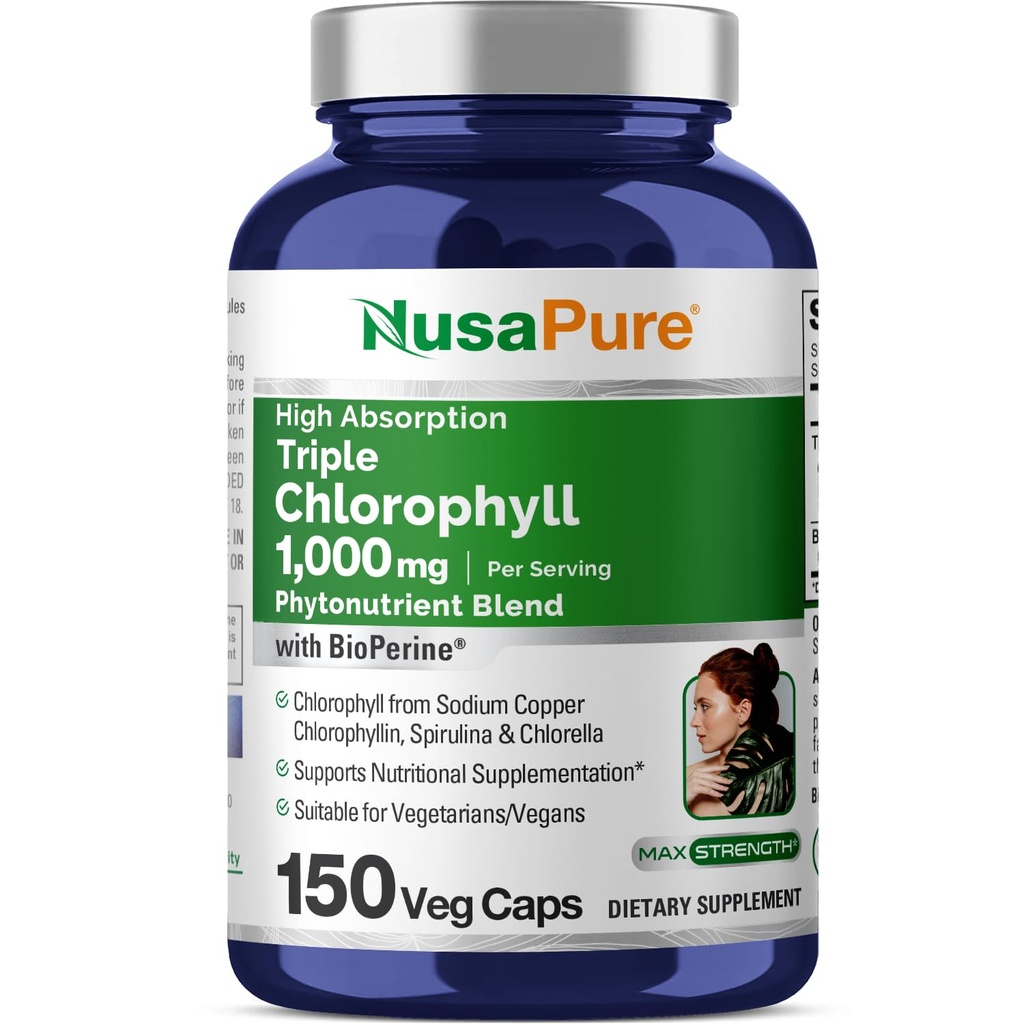 NusaPure High Absorption Triple Chlorophyll 1000 מ"ג 150 Veg Caps מתאים Vegetarians ו טבעונים, Non-GMO