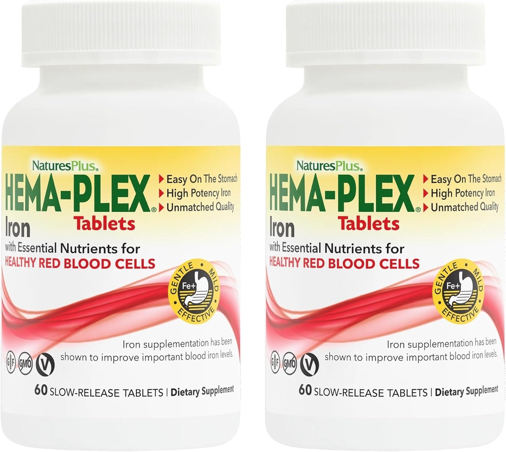 NaturesPlus Hema-Plex Iron - 60 טבליות איטיות-Release, Pack of 2 - Total Blood Health - 85 מ"ג צ'אד הברזל - עם ויטמין C & Bioflavonoids - Non GMO, Vegetarian & Gluten חינם - 120 סה"כ משרתות מוחלטים