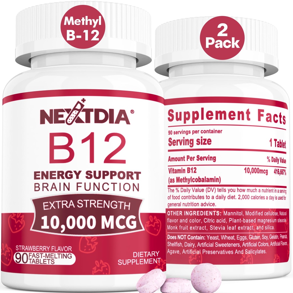 B12 ויטמינים 10,000 mcg, Methylated ויטמין B12 sublingual - Energy Boost, Focus, Metabolism & Brain Health Support, Immune System Support, Fast Dissolve, Natural Strawberry Flavor, 180 משרתות