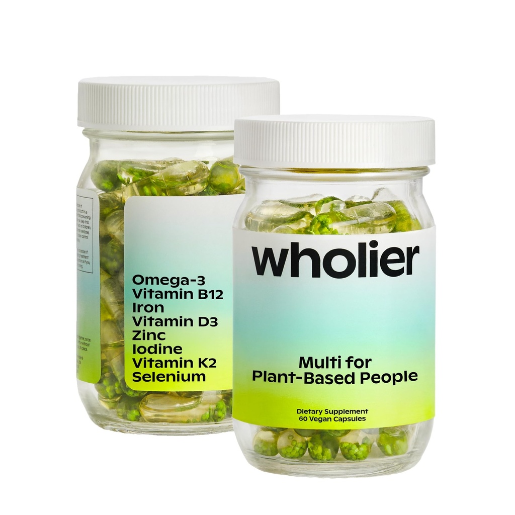 מי יותר צמחי מבוסס Multivitamin טבעוני אומגה 3 DHA EPA, ויטמין D, B12, Zinc, ויטמין K2, ברזל, Iodine, Selenium. 60 Count (30 יום אספקה) זכוכית בקבוק זכוכית