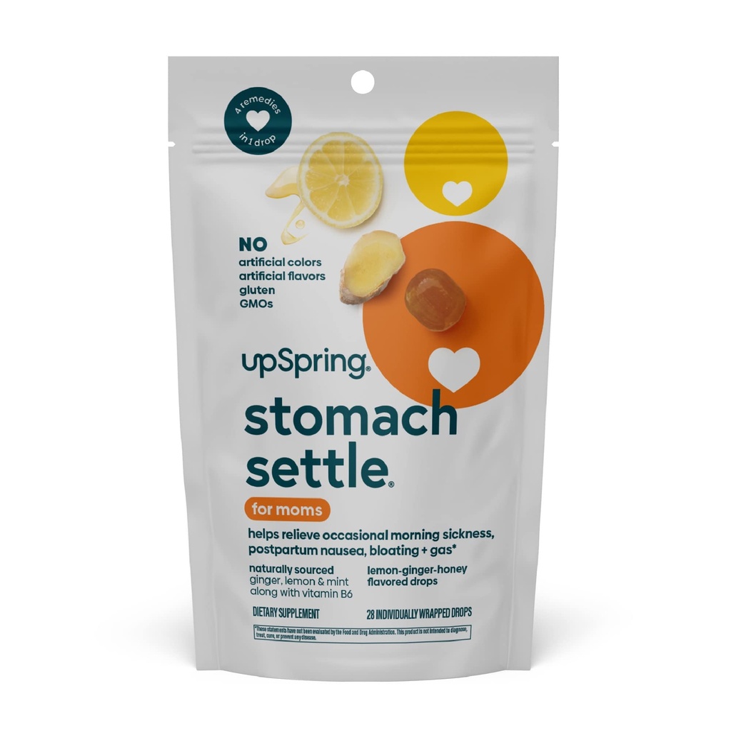 UpSpring Stomach Settle for Moms טיפות עבור מחלת בוקר Occasional עם ג'ינג'ר, לימון, Spearmint, ו B6. באופן אישי נדפס טיפות, 28 Ct(Packaging May Vary)
