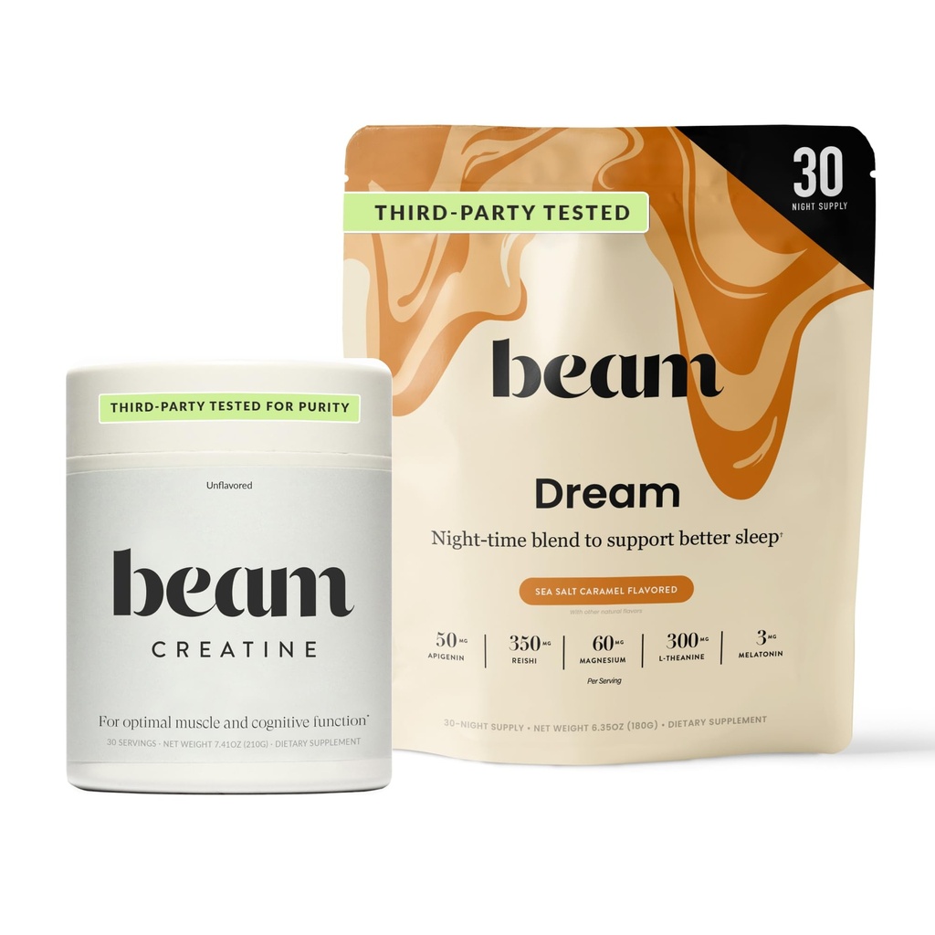 Beam Dream Sleepאבק & Creatine Bundle, צד שלישי נבדק תוספי שינה טבעית ושיקום עם Micronized Creatine Monohydrate, Unflavored Pure Creatine אבקת כוח שרירים, אנרגיה