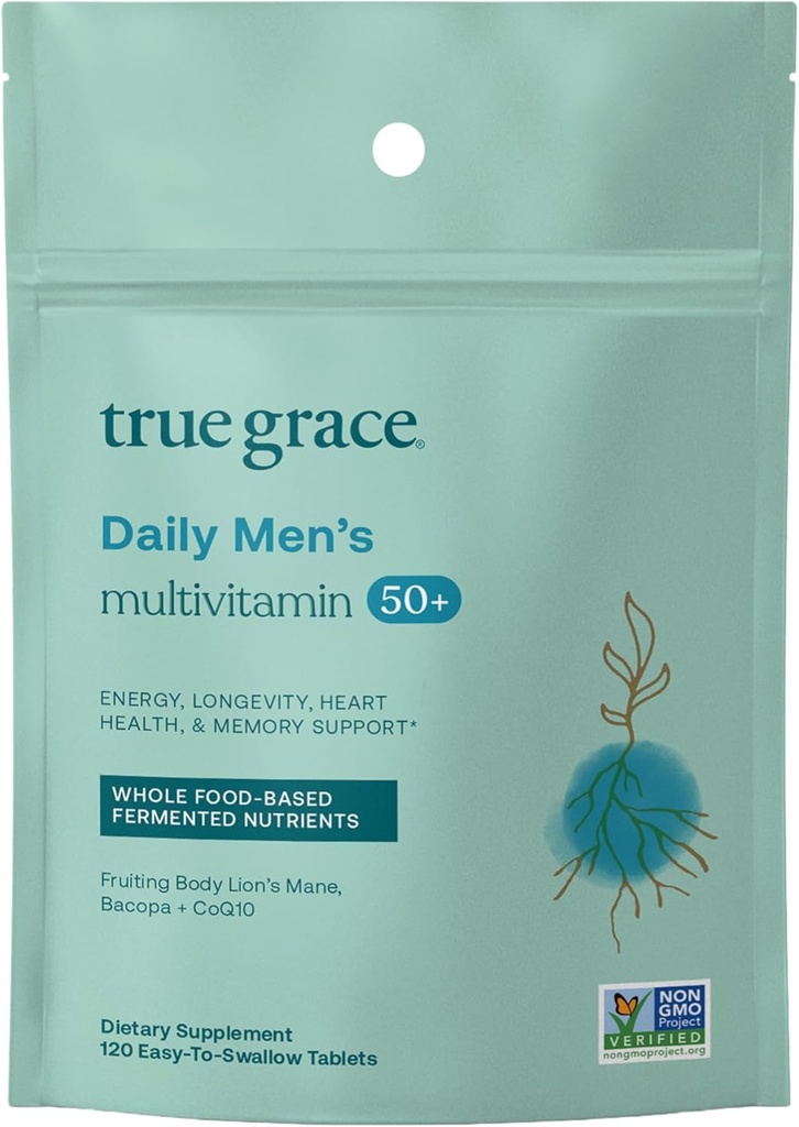 True Grace Daily Men's Multivitamin 50+ - 120 טבליות Easy-to-Swallows - Immune, Energy, Longevity & Memory Support - Gluten Free, Soy Free, טבעוני - 60 משרתים