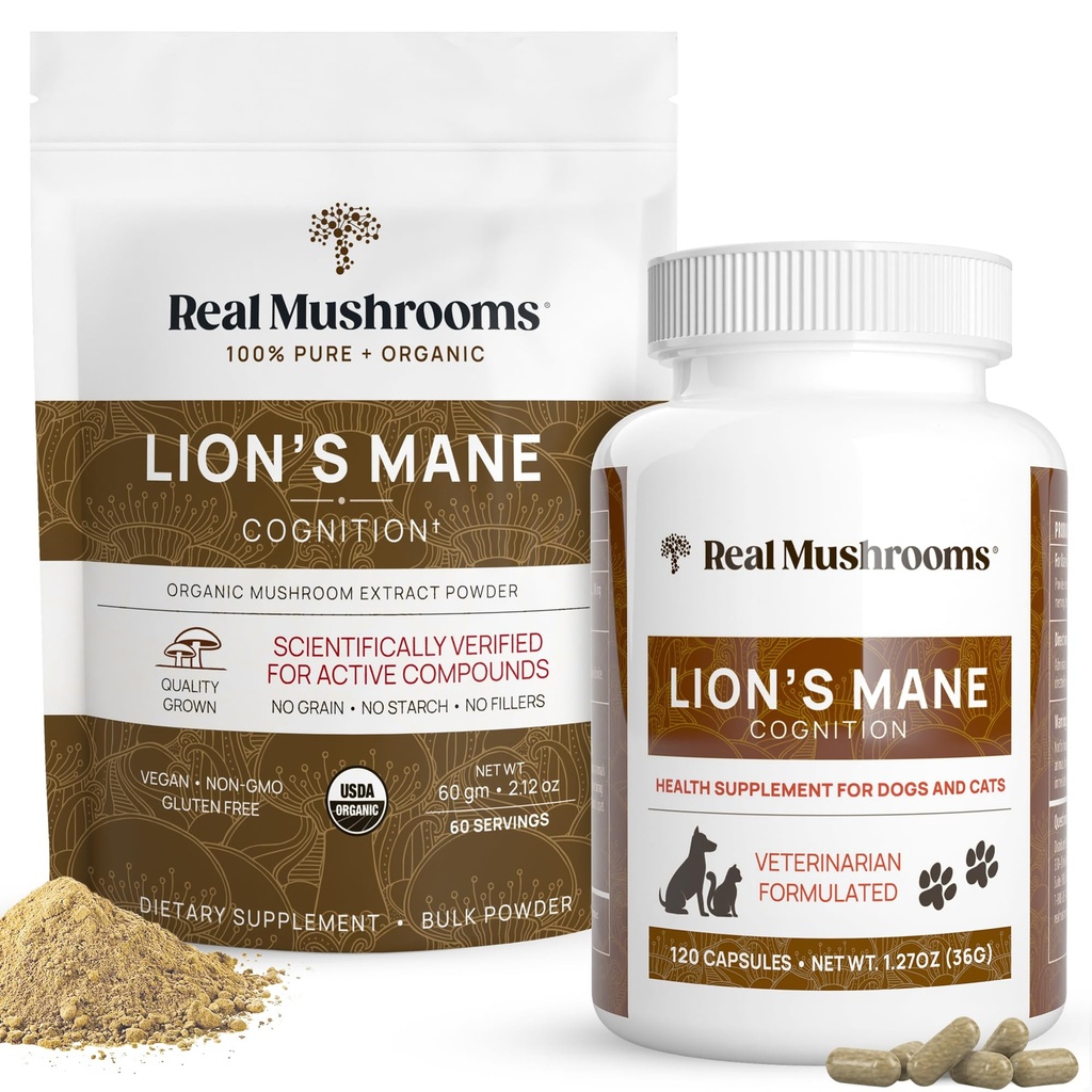 Real Mushrooms Lions Mane for Humans (60 משרתים) וחיות מחמד (120ct) - אבקה & קפסולות Bundle עבור Cognition & Immunity - טבעוני, Non-GMO, Gluten-Free, Grain-Free Mushroom תוספי תוספי מזון