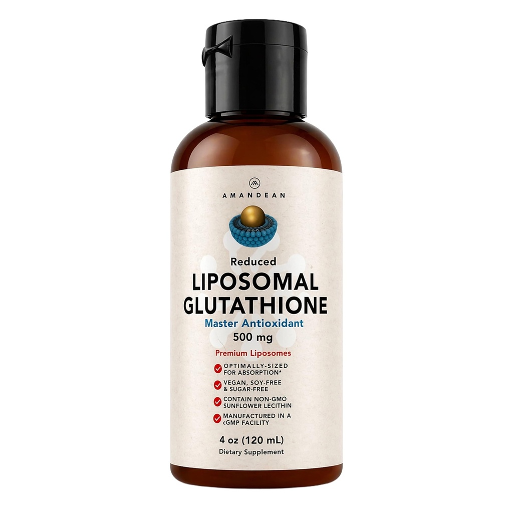AMANDEAN Liposomal Glutathione תוסף. נוזל מופחת Setria 500mg. Immune Support, Brain Health, Liver Detox, Skin Health. Phosphatidylcholine מ Non-GMO Sunflower Lecithin. Soy-Free & Vegan
