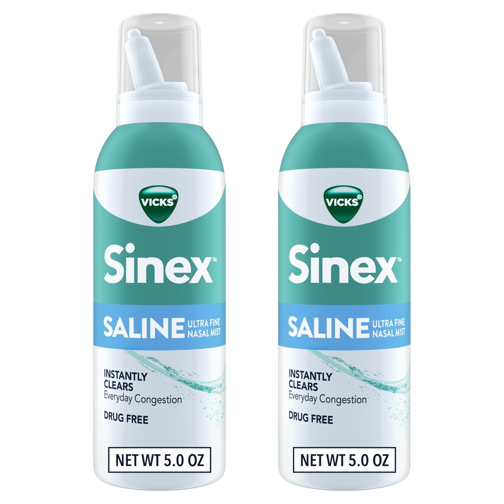 ויקיס Sinex SALINE Nasal Spray, Drug Free Ultra Fine Mist, Clear Everyday Sinus Voyageestion Fast, Clear Mucus from a Cold or Allergy, Daily Use 5.0 oz x 2
