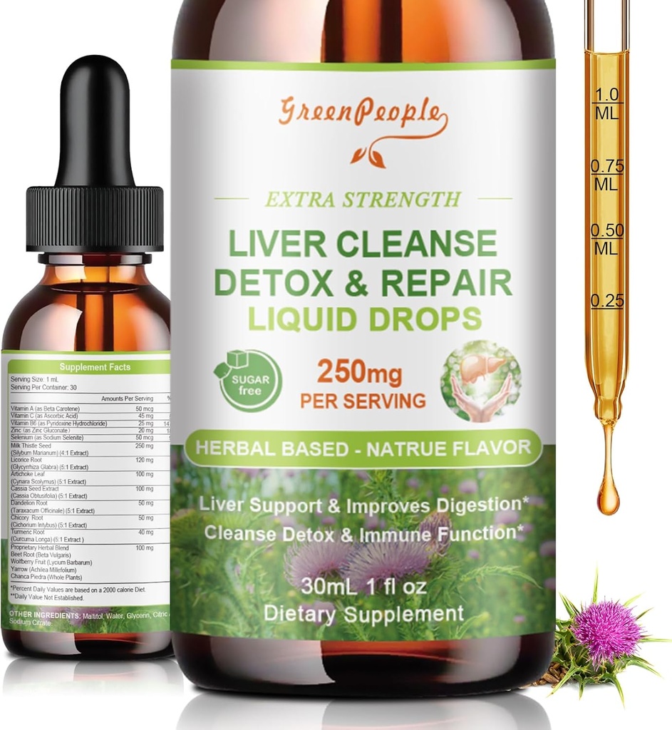 GREENPEOPLE Liver Cleanse Detox & Repair Drops - Liver Supplement w/Milk Thistle Silymarin, Artichoke & Dandelion for Liver Detox & Support- 16x Potent Herb-Nutrients - 1Fl Oz Natural Flavor