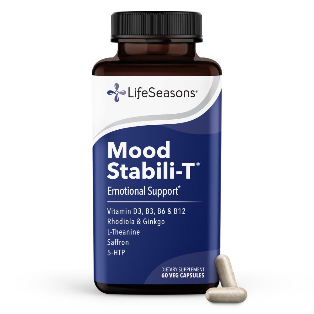 Life Seasons - Mood Stabili-T - Positive Mood Booster - Enhanced Calmness and Happiness - נרגע ומאזן המוח - מכיל Rhodiola, גינקו בילובה, ויטמין D3 - 60 קפסולות)