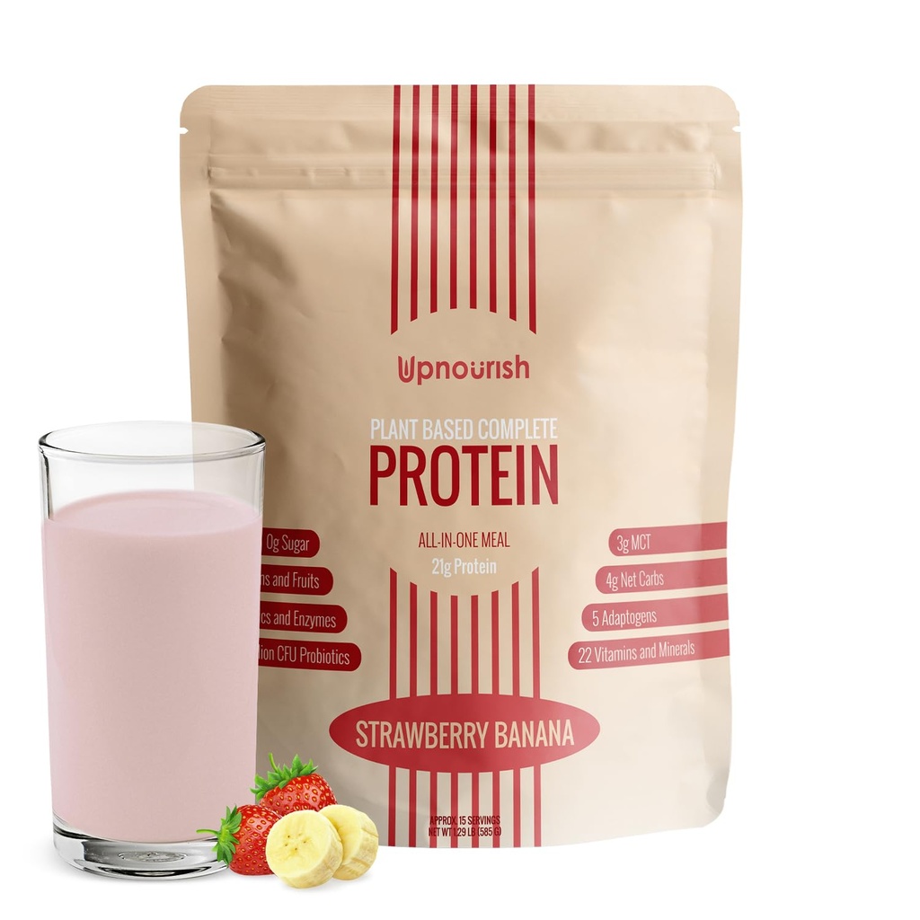 UpNourish Strawberry בננה אבקת חלבון 54 Superfoods אבקת, 1.5 מיליארד CFU Probiotics 21g Plant Based חלבונים, No Sugar No GMO חלב חינם, החלפת Meal Shake Keto-ידידותית Low-Carb דיאטת,15 משרתות המשרתות