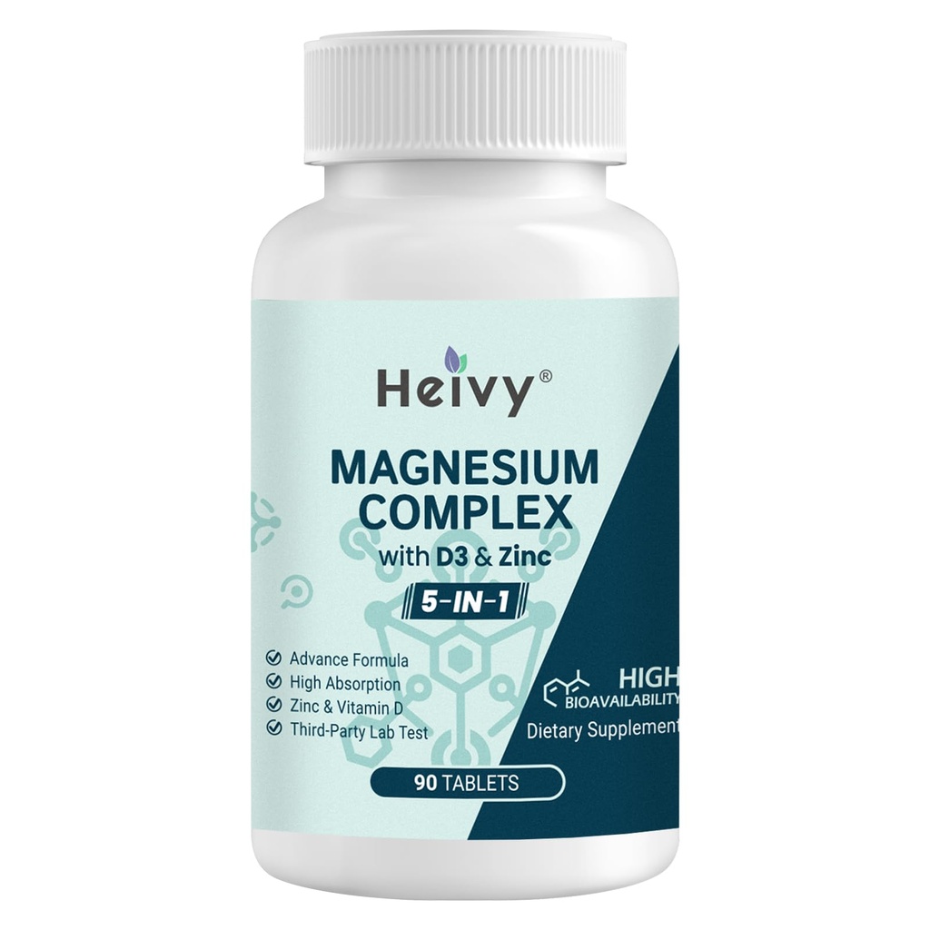 Heivy Magnesium Complex, Magnesium Glycinate, Citrate, Malate, Oxide, Gluconate עם Zinc ו ויטמין D3, מגנזיום תוספת עבור שריר, עצב, לב, תמיכה העצם, Absorption גבוהה, 90 טבליות