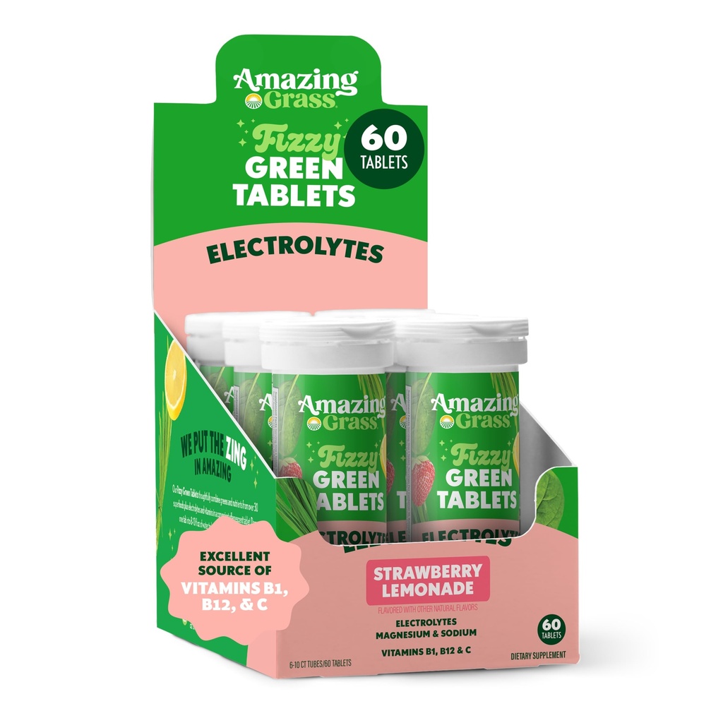 טבליות אלקטרוליטיות מדהימות, Fizzy Greens Water Flavoring Tablet עם ויטמינים, hydrote Strawberry Lemonade, 10 Count (Pack of 6) (Packing May Vary)