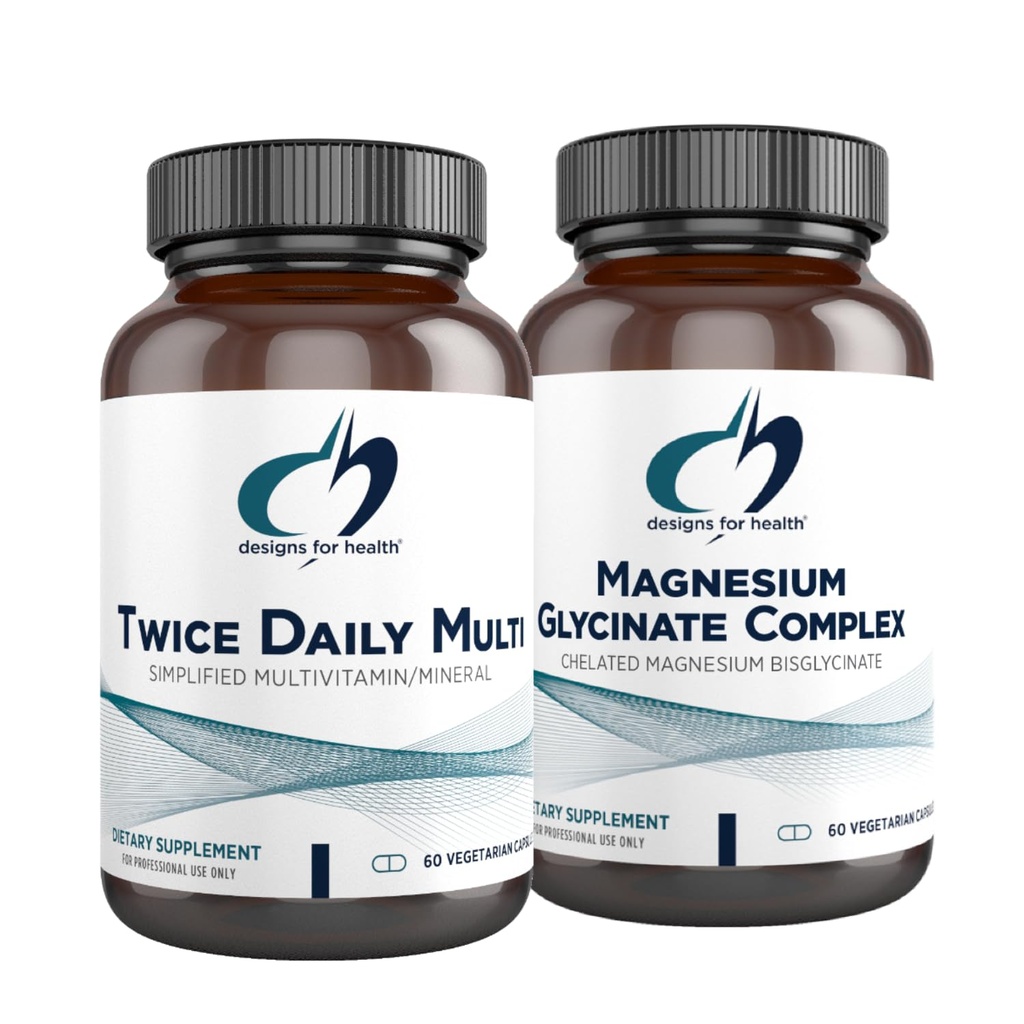 Designs for Health Magnesium Glycinate Complex (60 קפסולות) & Twice Daily Multi (60 קפסולות) Bundle - Premium Multivitamin with Folate & High Absorption Magnesium תוסף