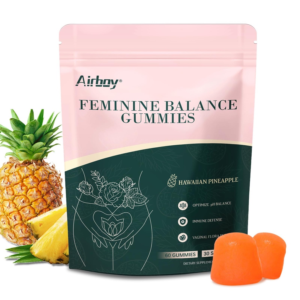 Airboy Feminine Balance Gummies - Pineapple Gummies for Women PH - Vaginal Probiotics Gummy - Immune Support, Vaginal Flor Balance - 60 חניכיים
