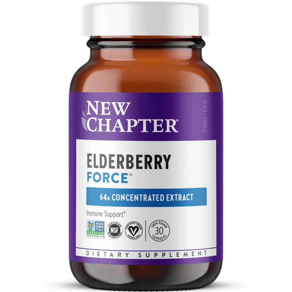 New Chapter Vegan Elderberry קפסולות עם 64x Concentrated Black Elderberry + Black Currant עבור תמיכה מקיפה Immune, Non-GMO Project מאומת, Gluten Free, מוסמך טבעוני, 30 הרוזן הרוזן