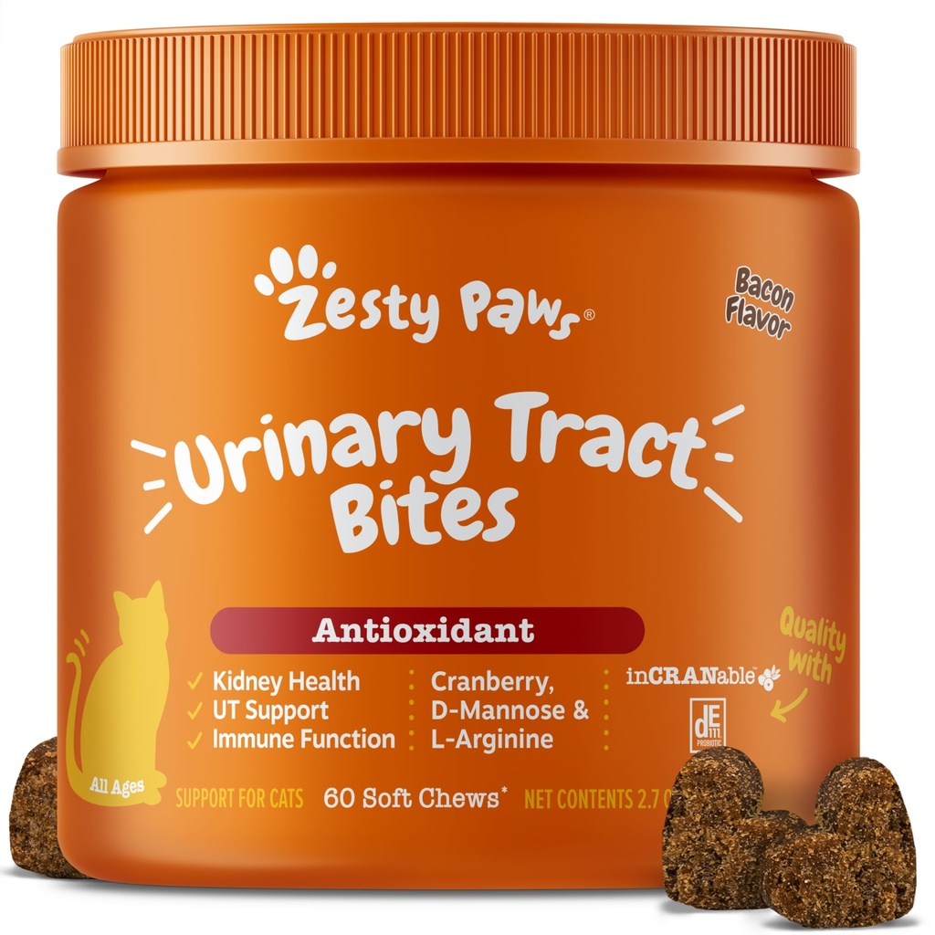 Zesty Paws Cranberry Urinary Tract Bites for Cats - Kidney & Urinary Tract Health - Soft Chews with D-Mannose, ויטמין B6 & L-Arginine - Immune & Gut Support - בייקון - 60 הרוזן