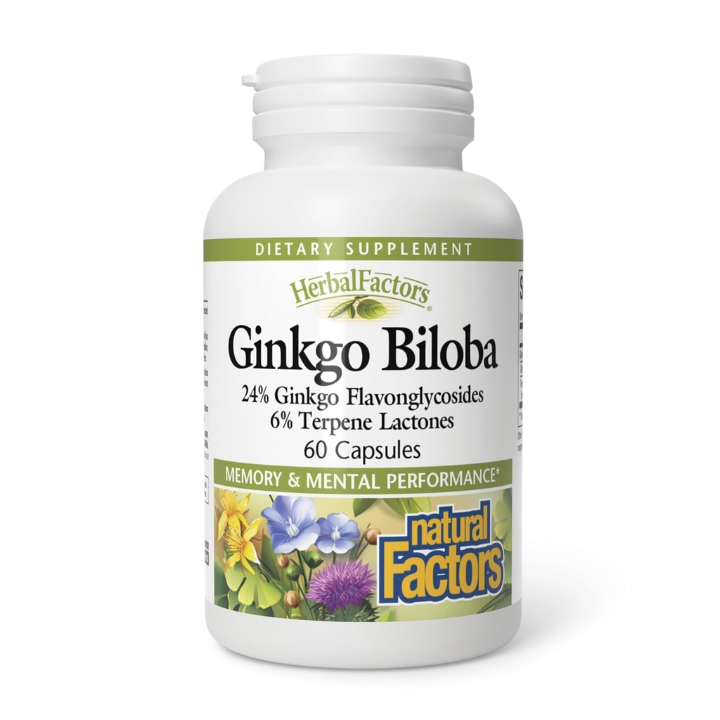 HerbalFactors by Natural Factors, גינקו בילובה, תומך זיכרון, ביצועים נפשיים ותפקוד המוח בריא, 60 קפסולות (60 מנות)