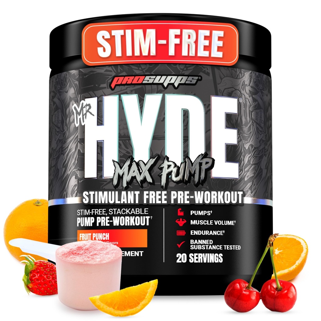 PROSUPPS מר הייד מקס שואב אבקה טרום עבודה בחוץ - Stim-Free Preworkout תומך זרימת הדם, נפח שרירים & אנדורנס - Caffeine-Free Nitric Oxide ו- Fitnesss תוסף (Fruit Punch, 20 משרתים)