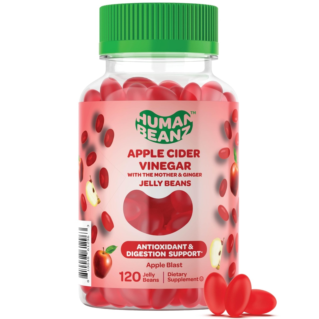 Apple Cider Vinegar Jelly Bean Gummies עם אמא וג'ינג'ר, תוספי תזונה צמחוניים לגברים ונשים, תמיכה בריאות העיכול, 120 Apple Blast Jelly Beans, כשר כשר