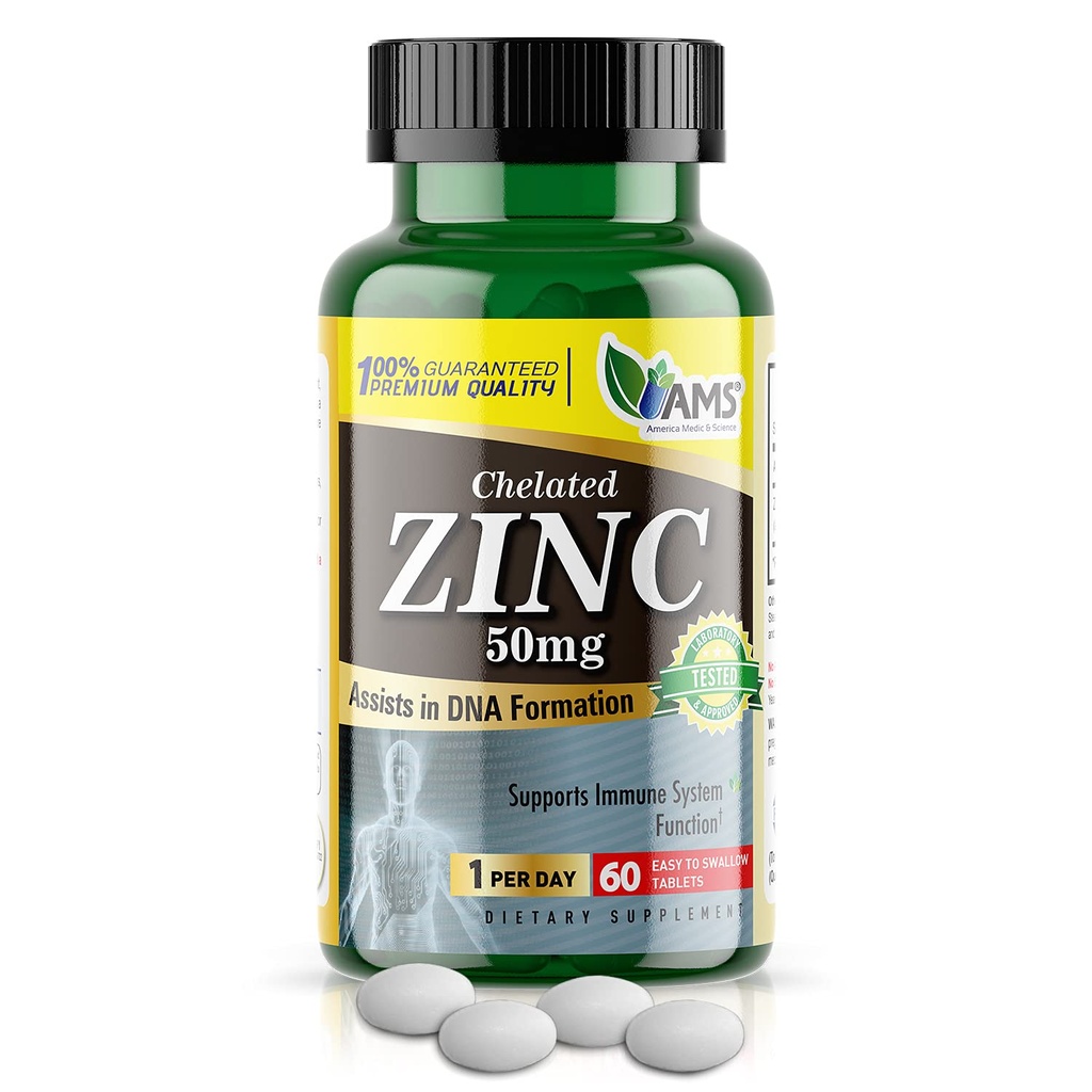 אמריקה Medic & Science Chelated Zinc 50 מ"ג תוסף (1 Pack of 60 טבליות) Immune Booster ו- Powerful Antioxidant Pills for Adults Men and Women