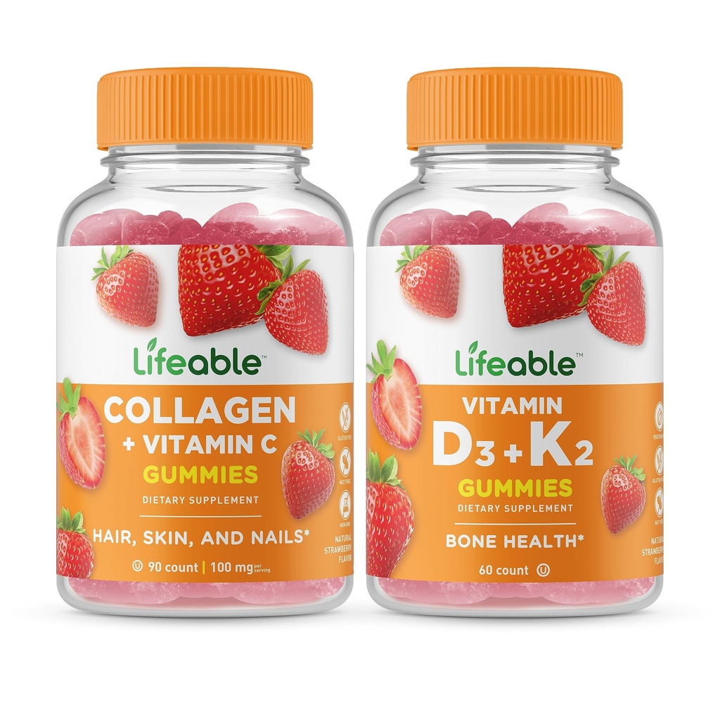 Lifeable Collagen & ויטמין C + ויטמין D3 + ויטמין K2, Gummies Bundle - גדול Tasting, ויטמין תוסף, Gluten Free, GMO חינם, Chewable Gummy