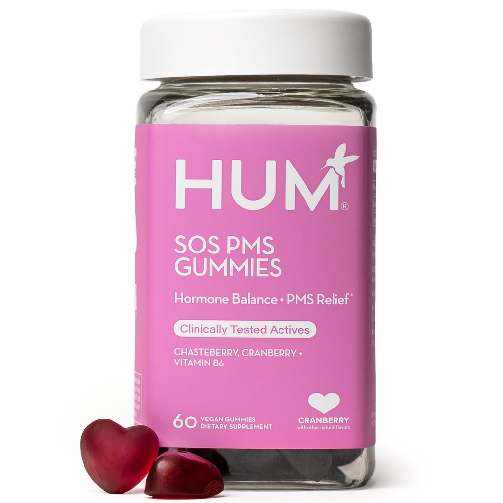 HUM תזונה SOS PMS חניכיים, PMS תמיכה תוסף לנשים, סימפטומים מחזור תמיכה, Bloating, Hormonal Balance, כולל ויטמין B6, Cranberry & Chasteberry Vitex, Gluten Free, 60 מסטיקים טבעוניים