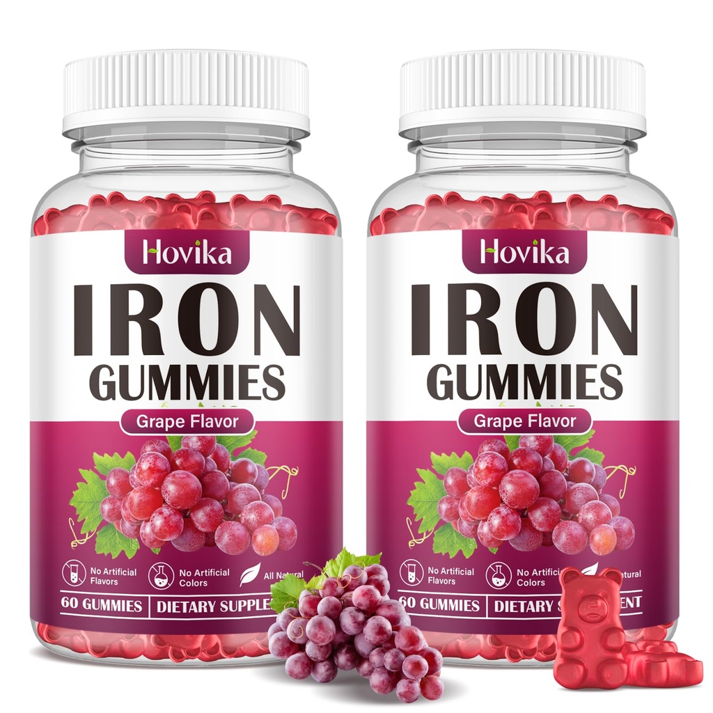 (2 Pack) Iron Gummies תוספת לנשים וגברים, תוספי ברזל עבור אנמיה עם ויטמין C, B12, Folate- Blood Builder & Energy Support for Iron Deficiency - Grape Flavor, טבעוני, 120 מסטיקנים