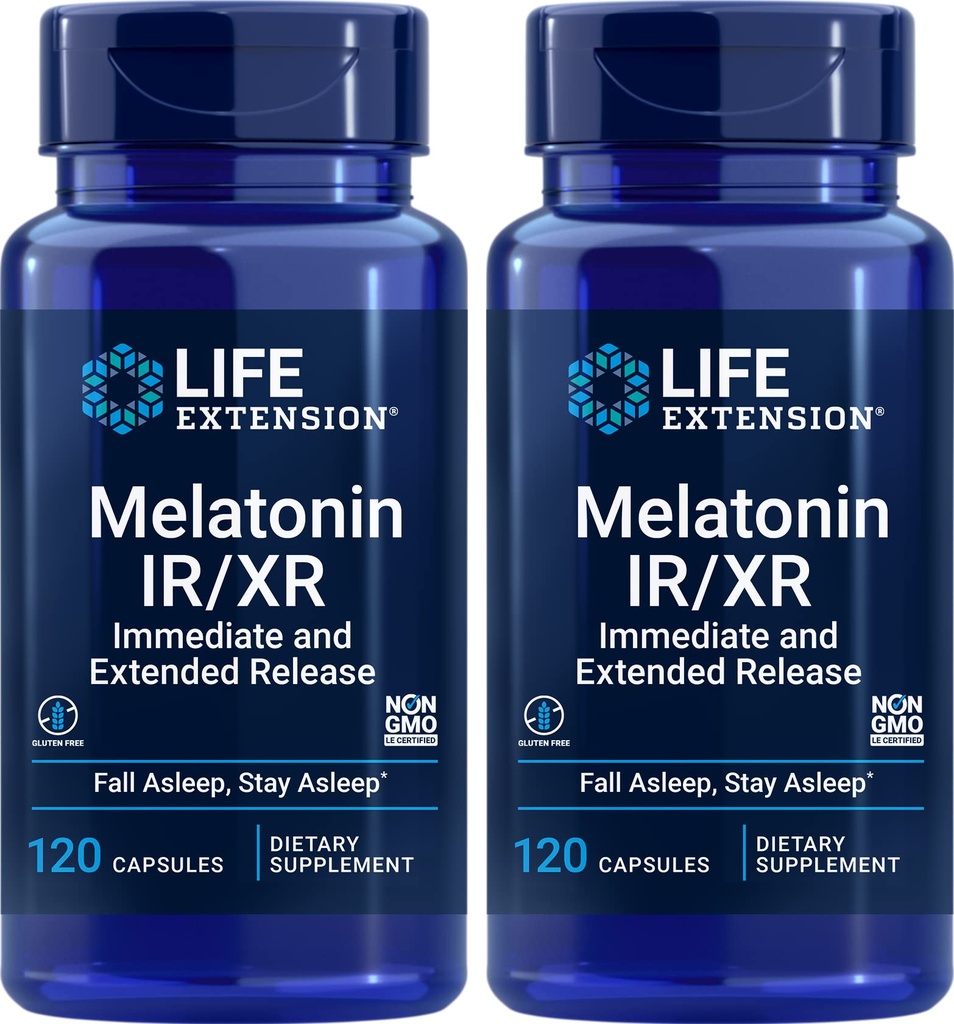 תוחלת החיים של מלטונין IR/XR, 120 קפסולות (Pack of 2) - Immediate & Extended-Release for 7 שעות תמיכה - Night Time Supplement - Stay Asleep All Night Long - Non-GMO, Gluten-Free-Free-Free-Release for 7 Hours Support - Night Time Supplement - Stay Asleep All Night Long - Non-GMO, Gluten-Free Gluten-Free-Free-Free-Free-Free-Free Getten-Free-Free-Free-Free-Release