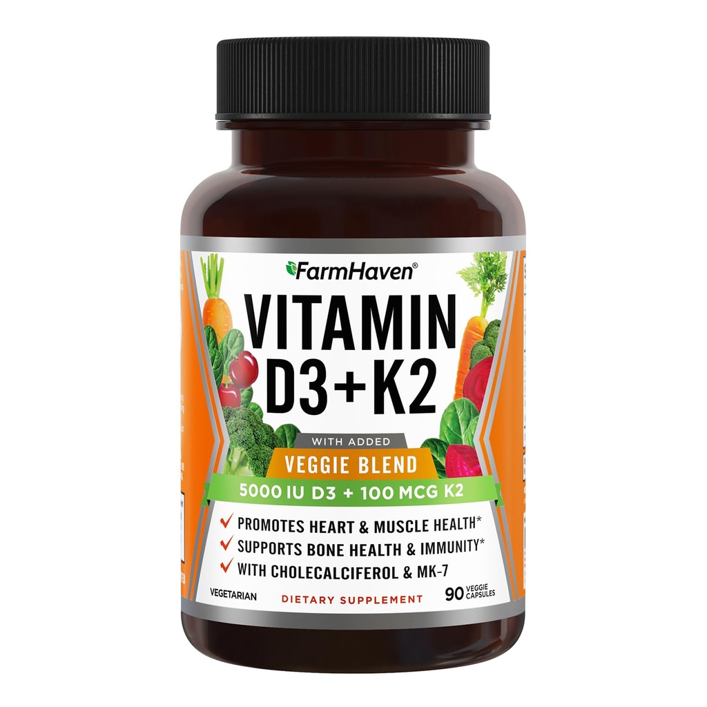 חומצה ויטמין D3 K2 קפסולות - 5000 IU D3 ו 100 mcg K2 - Cholecalciferol MK7 עם וggie פירות בלגן - ויטמין D2 עבור Immune System & Heart Health - Vegetarian, non-GMO, 90s Caps Caps Caps Box