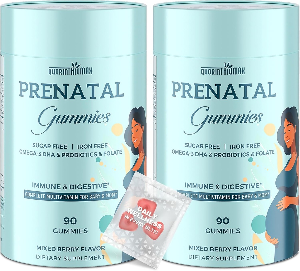 חניכיים טרום לידתי סוכר חינם 180 הרוזן - אורגניs טרום לידתי ויטמינים לנשים עם Folate, DHA & Probiotics - Iron Free Prenatal ויטמין חניכיים עבור Immune & Digestive - 2 בקבוקים