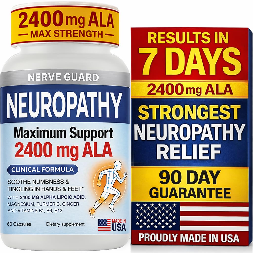 Neuropathy Supplement with 2400 mg Alpha Lipoic Acid – Maximum Strength Nerve Support for Feet Hands Toes – 2400mg ALA, Vitamins B12 B6 & B1, Magnesium, Turmeric – 60 Capsules