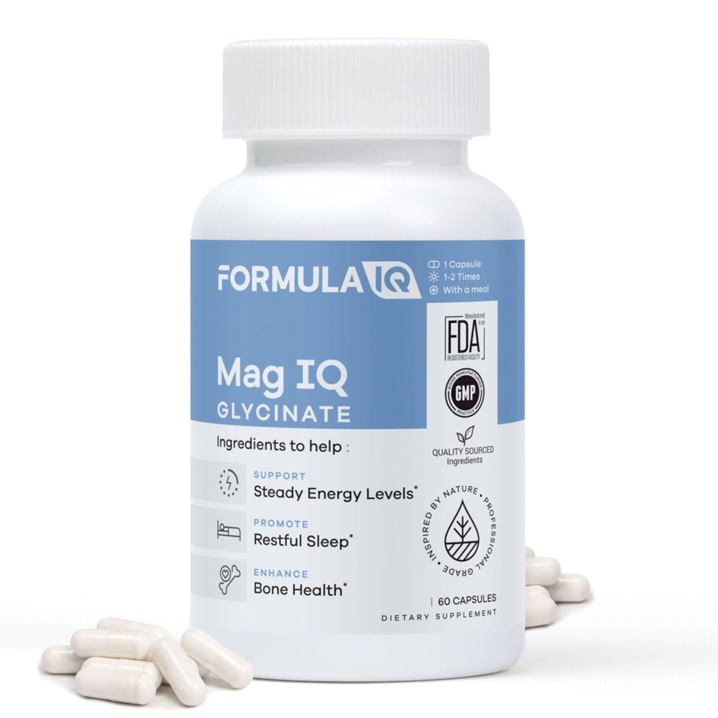 FIQ - Mag IQ Glycinate - Magnesium Bisglycinate Chelate TRCS - High Absorption Magnesium Glycinate תוסף - Sleep, Daily Energy, &עצמות - 60 קפסולות